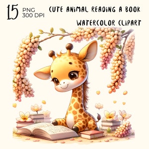 15 PNG Files : Cute Animal Reading a Book, Cute Summer Animal Clipart, animal clipart, animal png, watercolor cute animal clipart