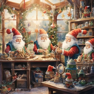 Pode incluir: Uma ilustração fantasiosa retrata figuras do Papai Noel em uma oficina, fabricando brinquedos. A cena é preenchida com mesas de madeira, prateleiras e vários brinquedos. Os Papais Noéis usam chapéus e casacos vermelhos, com barbas brancas.