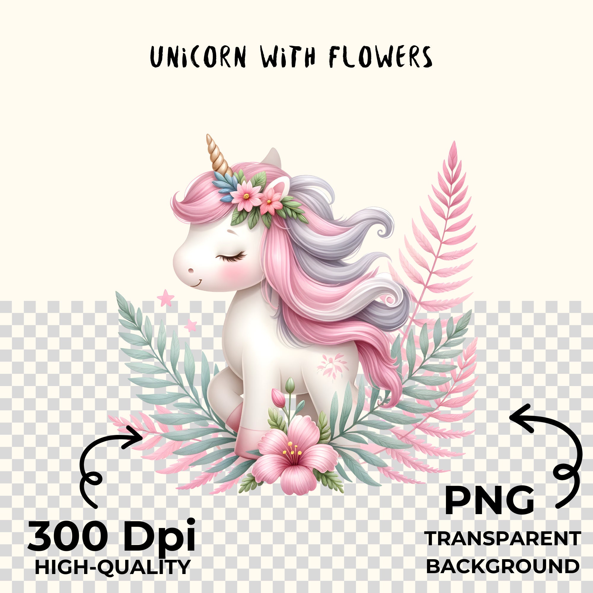 Watercolor Unicorn Clipart: Cute Unicorn With Flowers, PNG Files ...