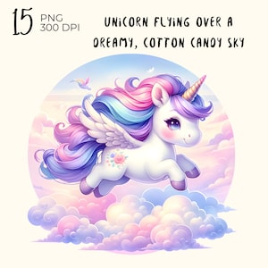 15 archivos PNG: Unicornio volando sobre un cielo de ensueño de algodón de azúcar, clipart de unicornio, unicornio png, clipart de acuarela png unicornio