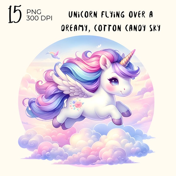 15 PNG Files : Unicorn flying over a  dreamy, cotton candy sky, Unicorn clipart, Unicorn png, Watercolor png clipart unicorn
