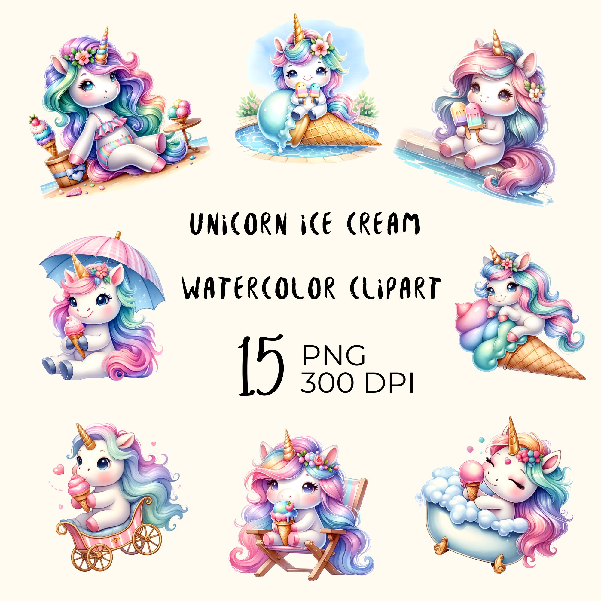Unicorn Ice Cream PNG Clipart: Summer Kawaii Graphics (digital Download ...