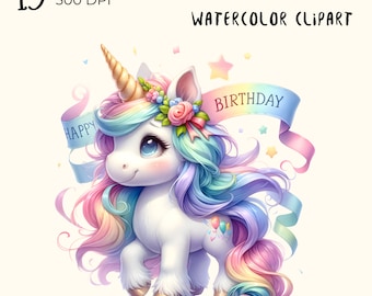 Watercolor Unicorn Birthday Clipart: Kawaii PNG Files (Digital Download)