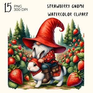 15 PNG Files : Strawberry gnomes, Summer Gnome, watercolor gnome png, Watercolor png clipart, Digital Download, Card Making