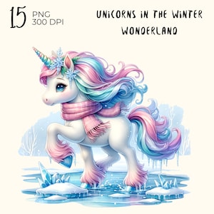 15 archivos PNG: unicornios en el país de las maravillas invernal, imágenes prediseñadas de unicornio, unicornio png, unicornio png acuarela, descarga digital