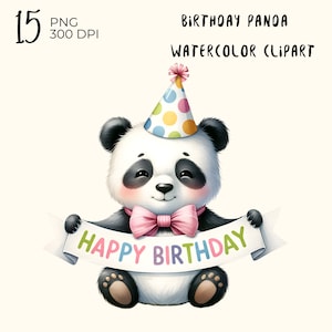 15 arquivos PNG: panda de aniversário com chapéu de festa, panda aquarela, panda png, panda fofo em aquarela, animal fofo png, panda clipart