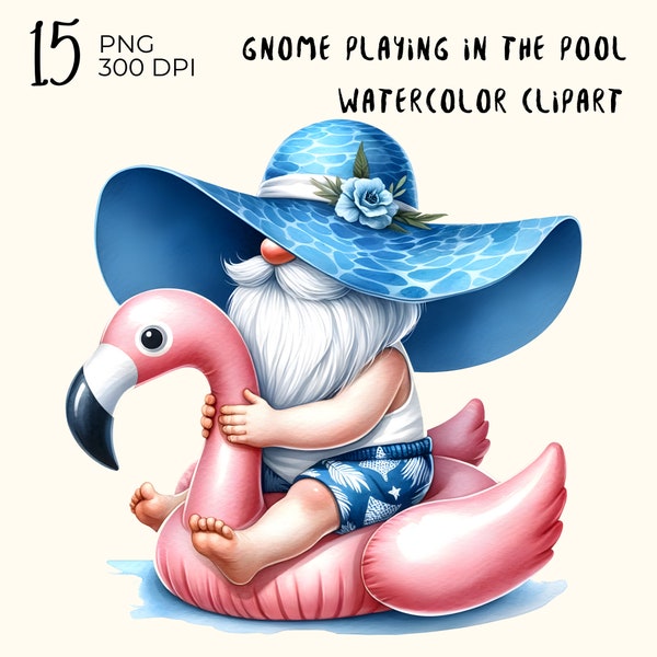 15 PNG Files : Gnome Playing in The Pool, Summer Gnome, watercolor gnome png, Watercolor png clipart, Digital Download, Card Making