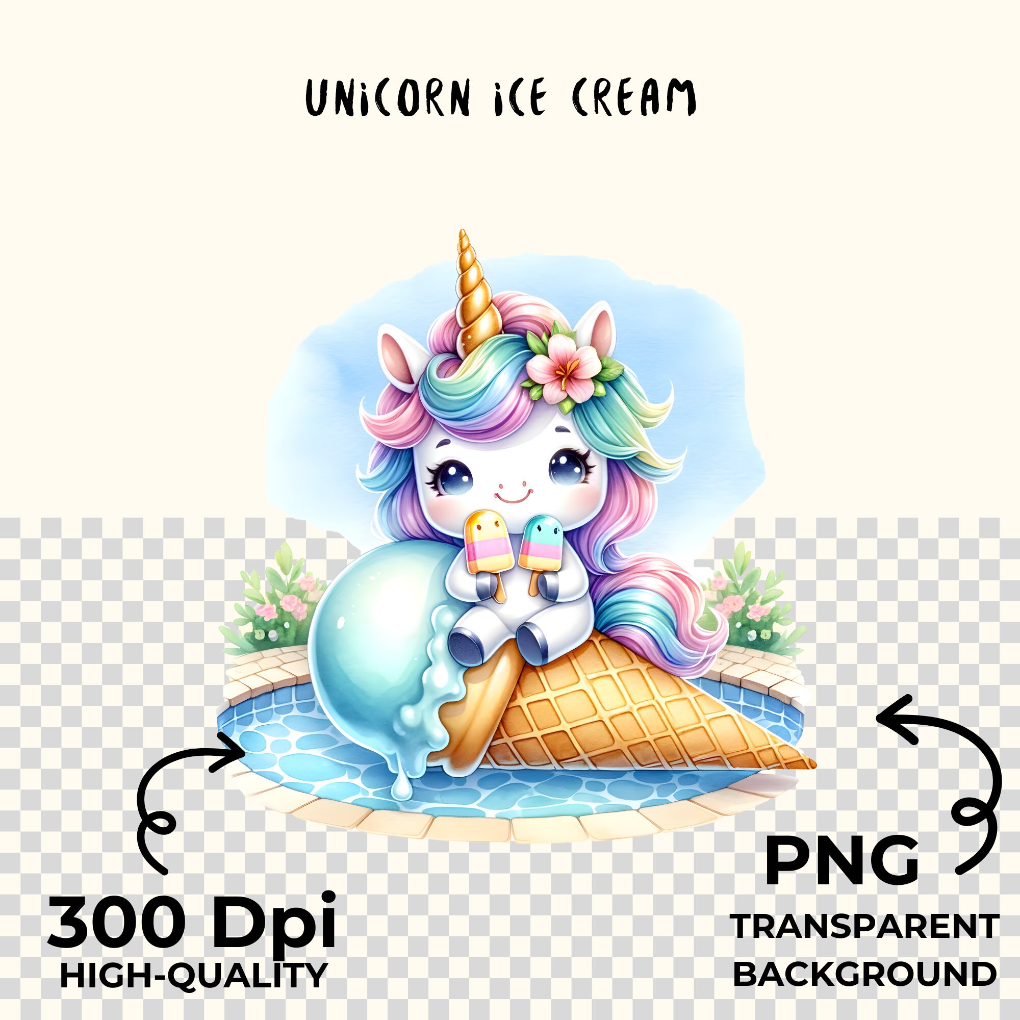 Unicorn Ice Cream PNG Clipart: Summer Kawaii Graphics (digital Download ...
