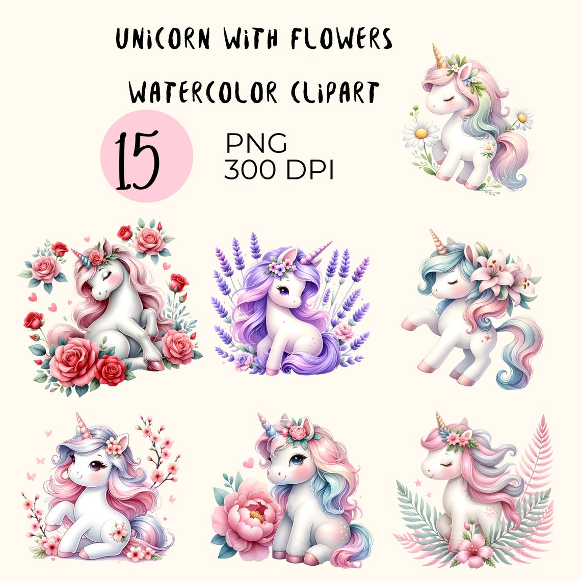 Watercolor Unicorn Clipart: Cute Unicorn With Flowers, PNG Files ...
