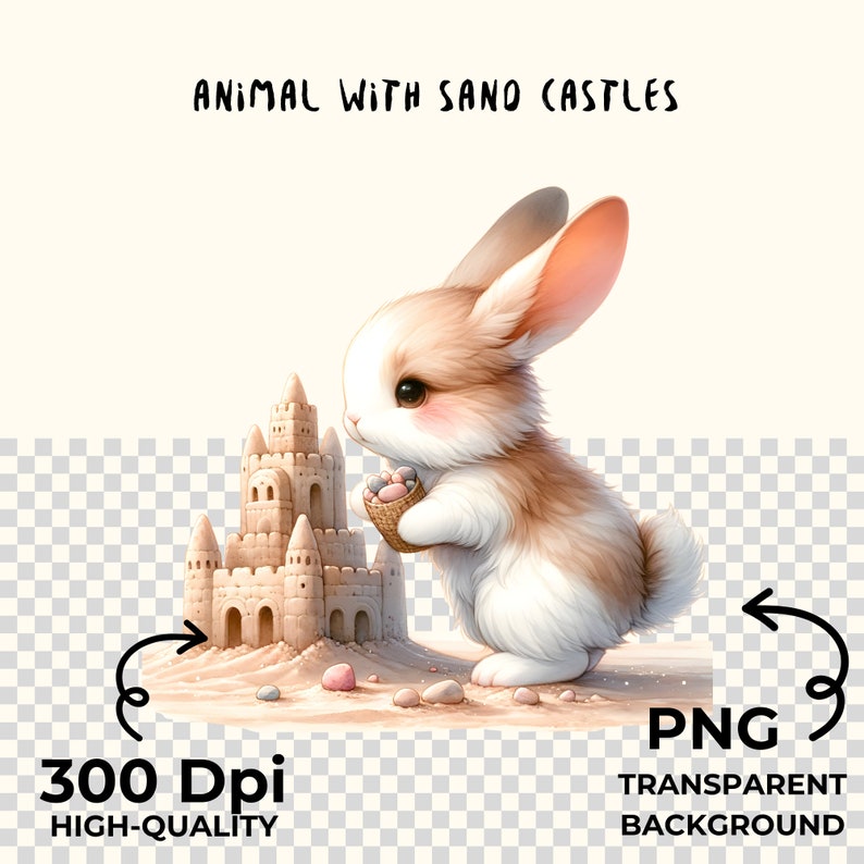 Sand Castle Rabbit 15 PNG Files : Animal Building Sandcastles on the Shore, Watercolor ...