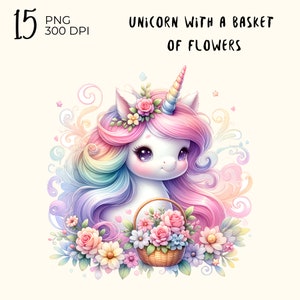 15 PNG-Dateien: Einhorn mit einem Korb mit Blumen, Einhorn Clipart, Einhorn PNG, Aquarell PNG Clipart Einhorn, Digital Download, Kartenherstellung