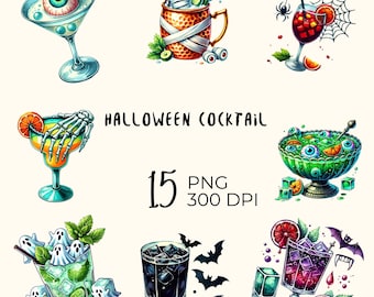 May include: A collection of Halloween-themed cocktail illustrations. The image features various drinks with spooky garnishes like eyeballs, mummy wraps, and skeleton hands. The text "Halloween Cocktail" is displayed, along with "15 PNG 300 DPI".