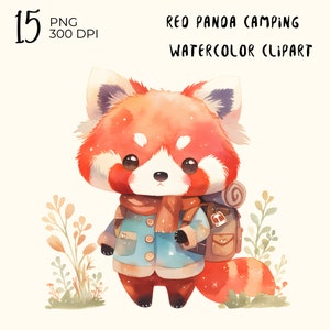 15 archivos PNG: Panda rojo acampando, lindo animal de verano, clipart de animales, png de animales, clipart de animales lindos de acuarela, descarga png