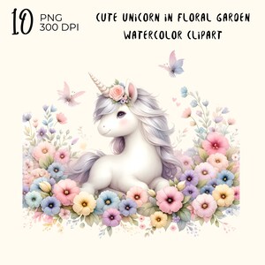 10 png-bestanden: schattige eenhoorn in bloementuin, digitale download, kaarten maken, digitale papierkunst en meer