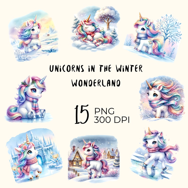 Winter Wonderland Unicorn Clipart: Watercolor PNG Files (digital ...