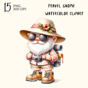 15 archivos PNG: gnomo viajero, gnomo turista, gnomo de verano, gnomo de acuarela png, clipart de acuarela png, descarga digital, creación de tarjetas