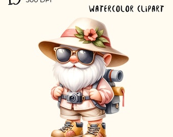 15 PNG Files : Travel gnome, tourist gnome, Summer Gnome, watercolor gnome png, Watercolor png clipart, Digital Download, Card Making