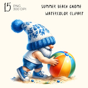 Watercolor Summer Beach Gnome Clipart: 15 PNG Files (Digital Download)