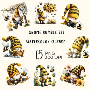 May include: A set of 15 digital watercolor clipart images featuring gnomes dressed in yellow and black with bumblebees. The gnomes are depicted in various activities, such as reading, holding balloons, and baking. The text "Gnome Bumble Bee Watercolor Clipart" and "15 PNG 300 DPI" is included in the image.