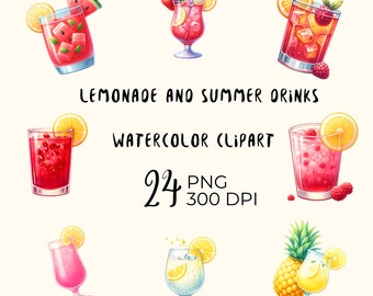 Watercolor Lemonade Clipart: Summer Drinks PNG (Digital Download)