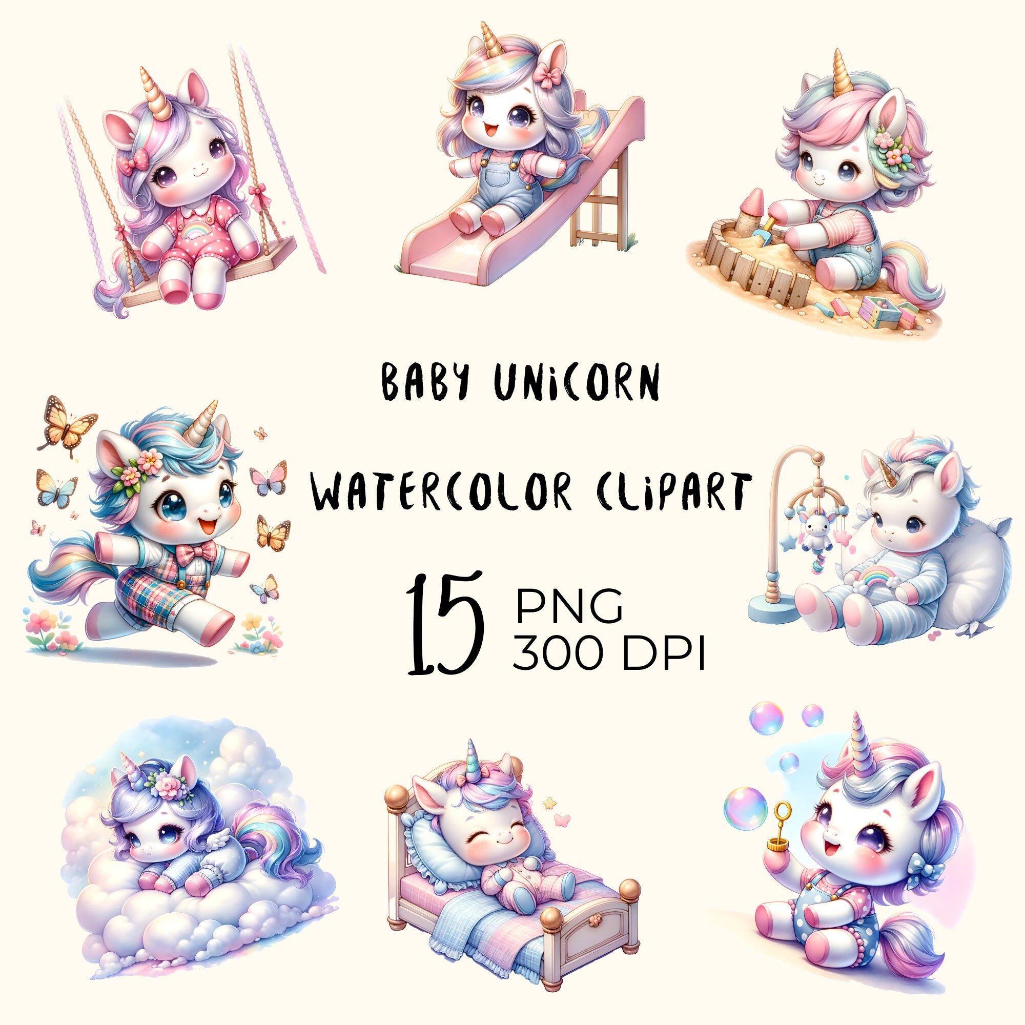 Watercolor Baby Unicorn Clipart: Kawaii PNG Files (digital Download) - Etsy