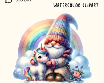 Unicorn Gnome Watercolor Clipart: 15 PNG Files (Digital Download)