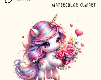 Watercolor Unicorn Valentine Clipart: Kawaii PNG Files (Digital Download)