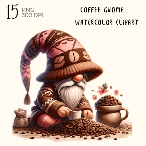 Watercolor Coffee Gnome PNG Clipart: 15 Digital Files (Digital Download)