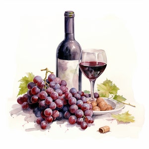 Aquarel druiven met wijnfles, Fruit, Digitale download, Kaarten maken, Digital Paper Craft, JPEG-bestand, Digitale download