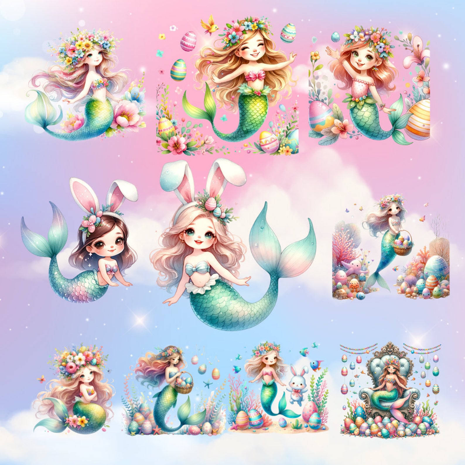14 PNG Files Enchanted Easter Mermaid: Festive Sea Fantasy, Digital ...