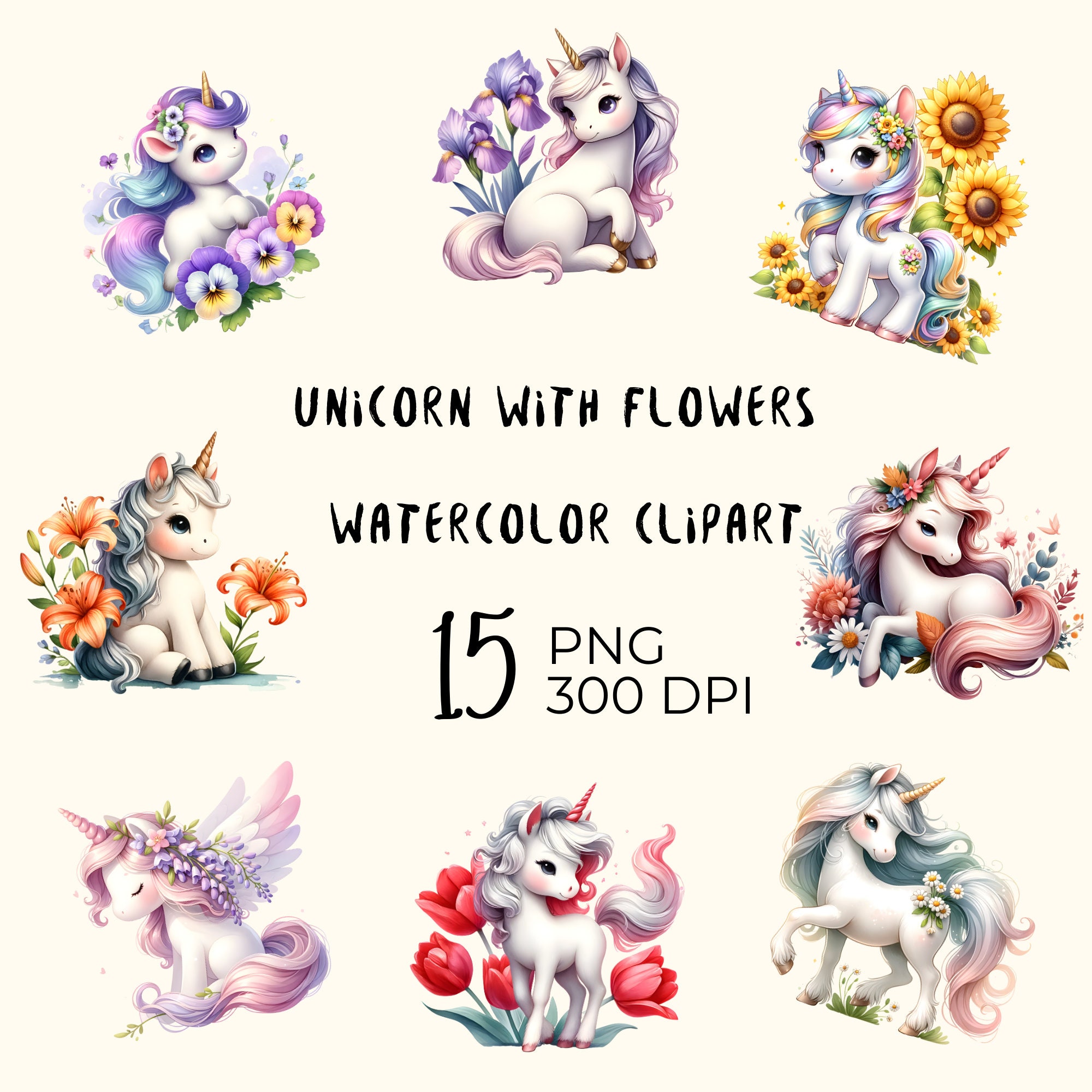 Watercolor Unicorn Clipart: Cute Unicorn With Flowers, PNG Files ...