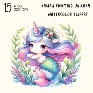 15 file PNG: Kawaii Mermaid Unicorn, clipart unicorno, clipart sirena, carino unicorno png, unicorno acquerello, carino animale