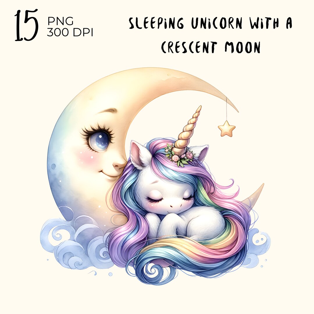 Watercolor Sleeping Unicorn PNG Clipart: Crescent Moon Graphics ...
