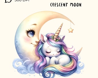 Watercolor Sleeping Unicorn PNG Clipart: Crescent Moon Graphics (Digital Download)