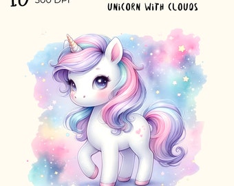 10 PNG Files : Cute Unicorn, Dreamy Starlit Unicorn with Clouds Illustration, Digital Download, Card Making, Digital Paper Craft and more