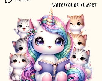 May include: A watercolor illustration of a unicorn with a rainbow mane and tail reading a book. The unicorn is surrounded by five kittens.