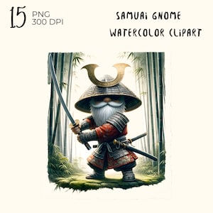 May include: Watercolor illustration of a gnome dressed as a samurai warrior, standing in a bamboo forest. He is wearing a traditional Japanese helmet with a golden crest, a red and black armor, and holding a katana sword.