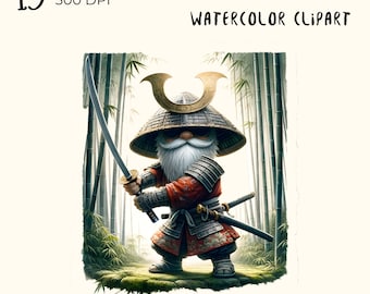 Samurai Gnome Watercolor Clipart: 15 PNG Files (Digital Download)