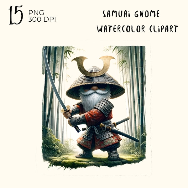 15 PNG Files : Samurai Gnome clipart, watercolor gnome png, Digital Download, Card Making, Digital Paper Craft and more