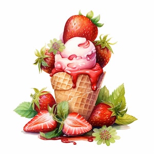 Aquarell Erdbeeren in Eistüte, Obst, digitaler Download, Kartenherstellung, digitale Papierkunst, JPEG-Datei