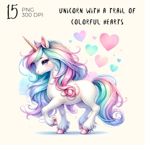 15 file PNG: unicorno con una scia di cuori colorati, clipart unicorno, png unicorno, clipart png acquerello unicorno, download digitale