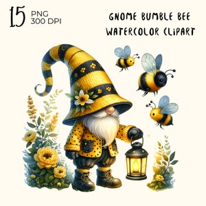 May include: A watercolor illustration of a gnome wearing a yellow and black striped hat and a matching jacket. The gnome is holding a lantern and standing in a field of yellow flowers. There are three bumblebees flying around the gnome.