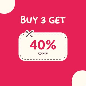 May include: A pink background with a white tag that says "BUY 3 GET 40% OFF". The tag has a pair of scissors cutting through the top of it.