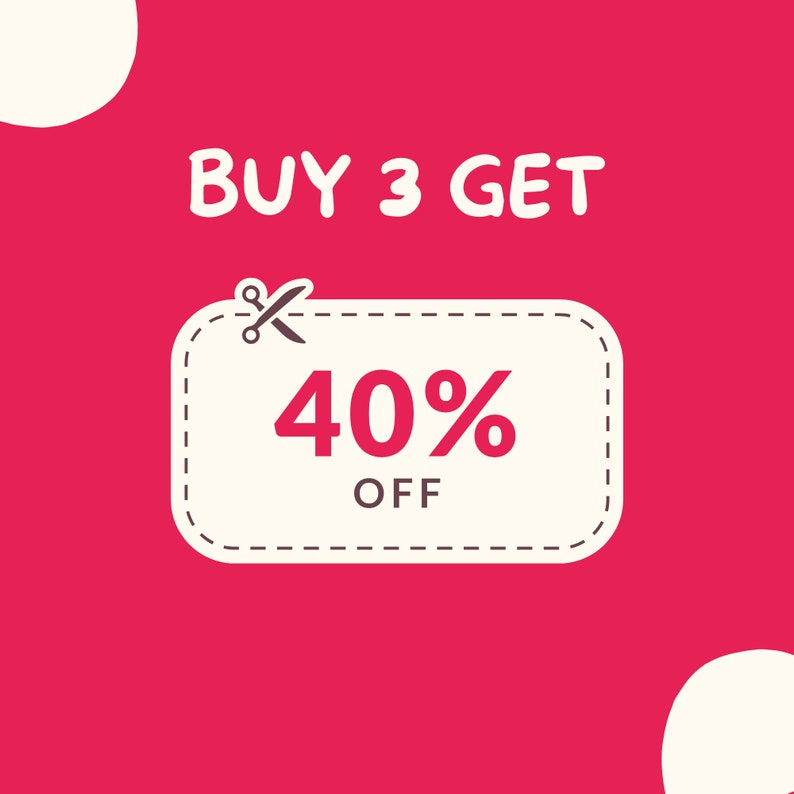 May include: A pink background with a white tag that says "BUY 3 GET 40% OFF". The tag has a pair of scissors cutting through the top of it.