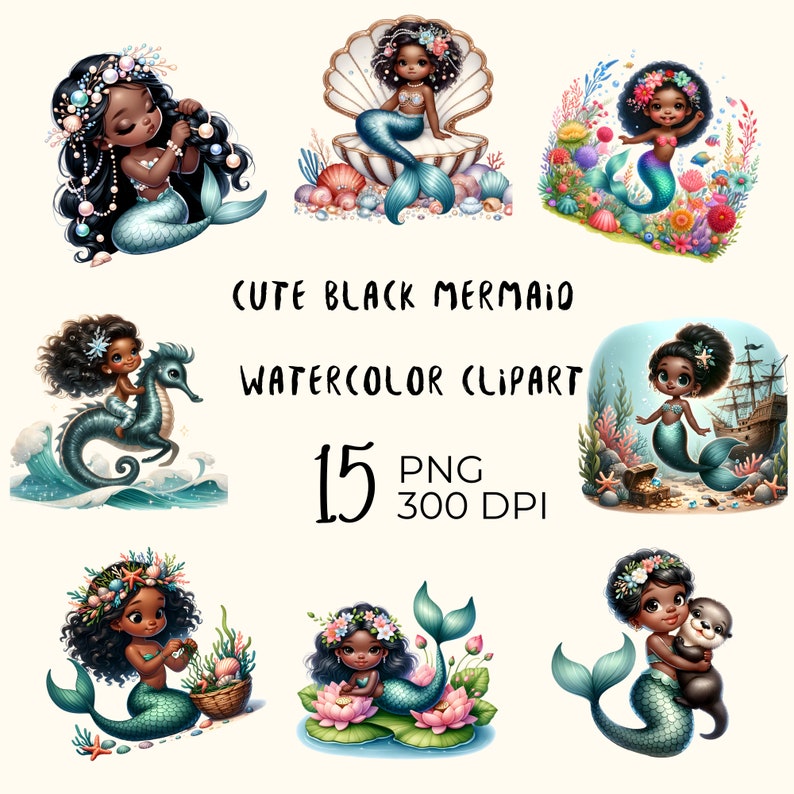 Watercolor Black Mermaid Clipart Bundle (15 PNG Files) - Etsy