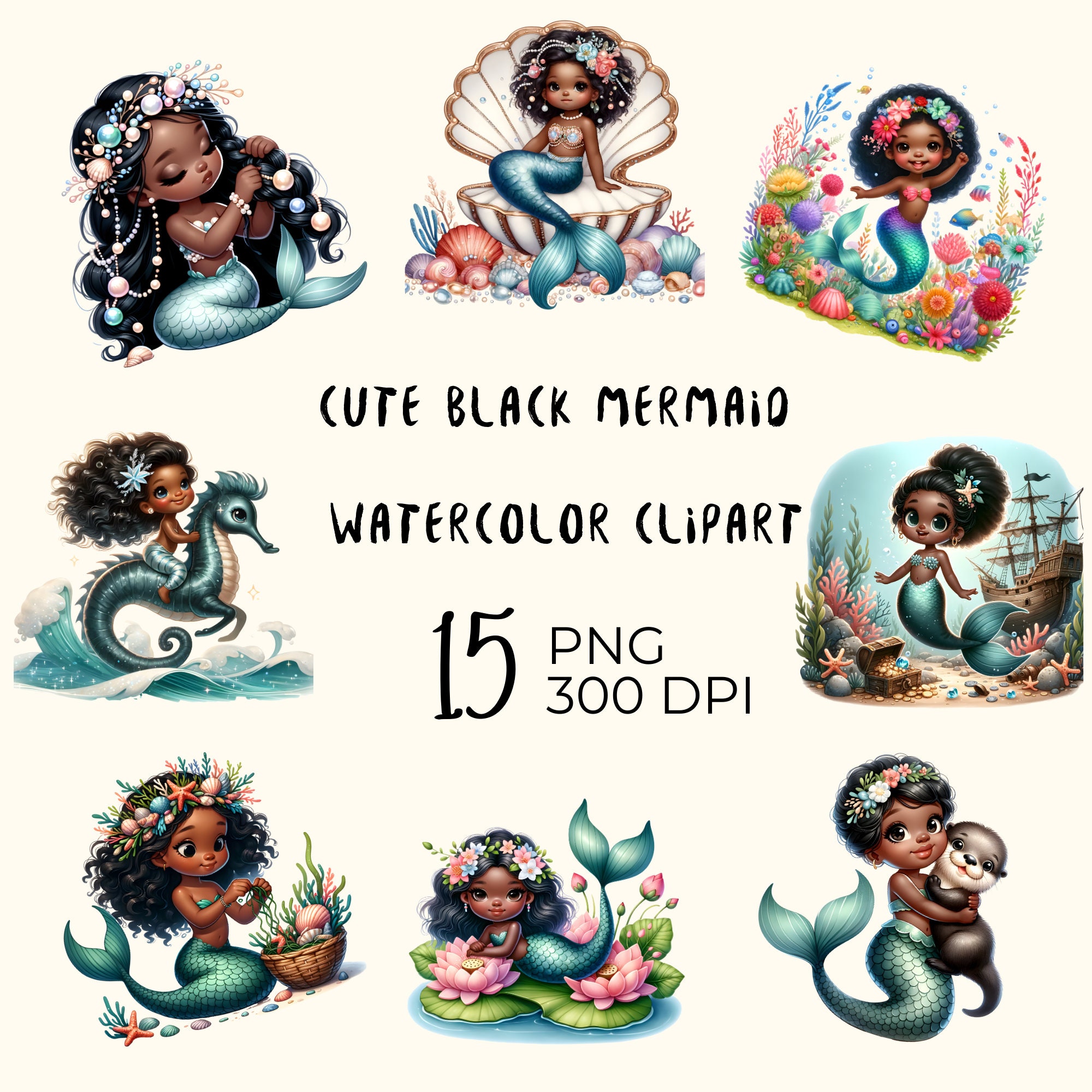 Watercolor Black Mermaid Clipart Bundle (15 PNG Files) - Etsy