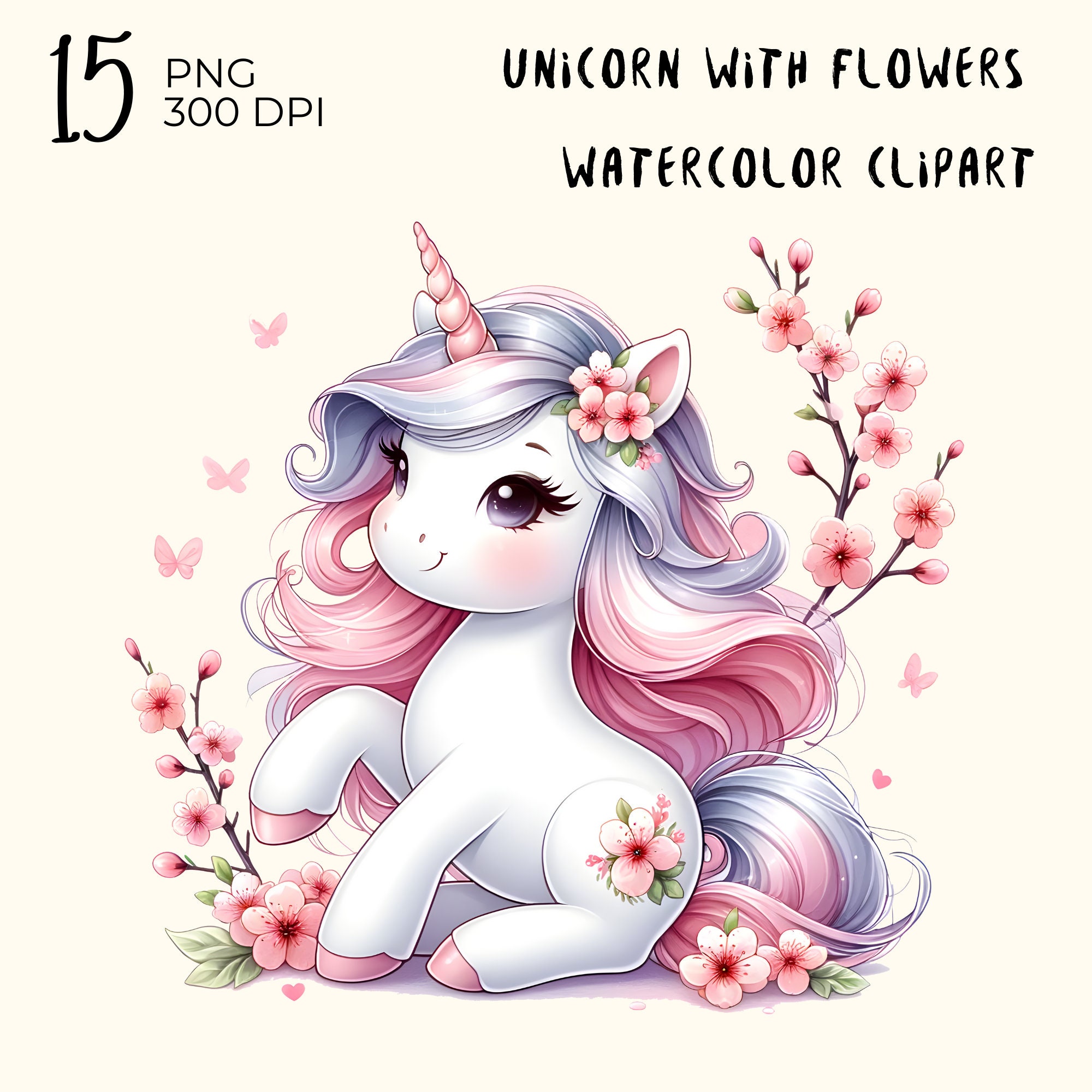 Watercolor Unicorn Clipart: Cute Unicorn With Flowers, PNG Files ...
