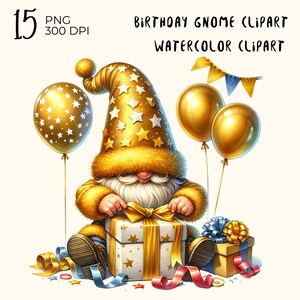 Verjaardag kabouter clipart: aquarel gouden png-bestanden (digitale download)