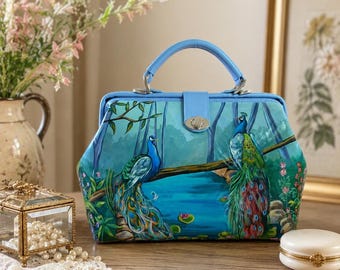 Custom Hand Painted Leather Doctor Bag, Personalized Gladstone Purse, Custom Artwork  Genuine Leather Handbag, Unique Gift for Women