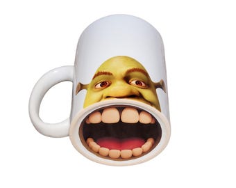 Funny Green Ogre Face Mug – 10 oz. Porcelain Coffee Cup with Hidden Bottom Print